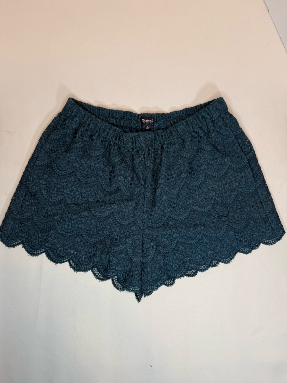 Madewell Crochet Scallop Hem Shorts in Deep Teal